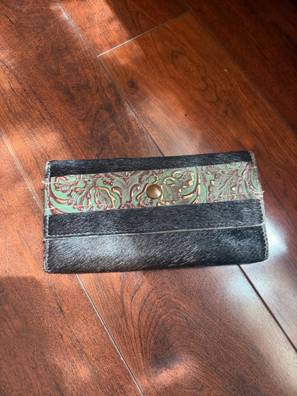 Black Hair-on-Hide Wallet with Green Paisley leather Accent